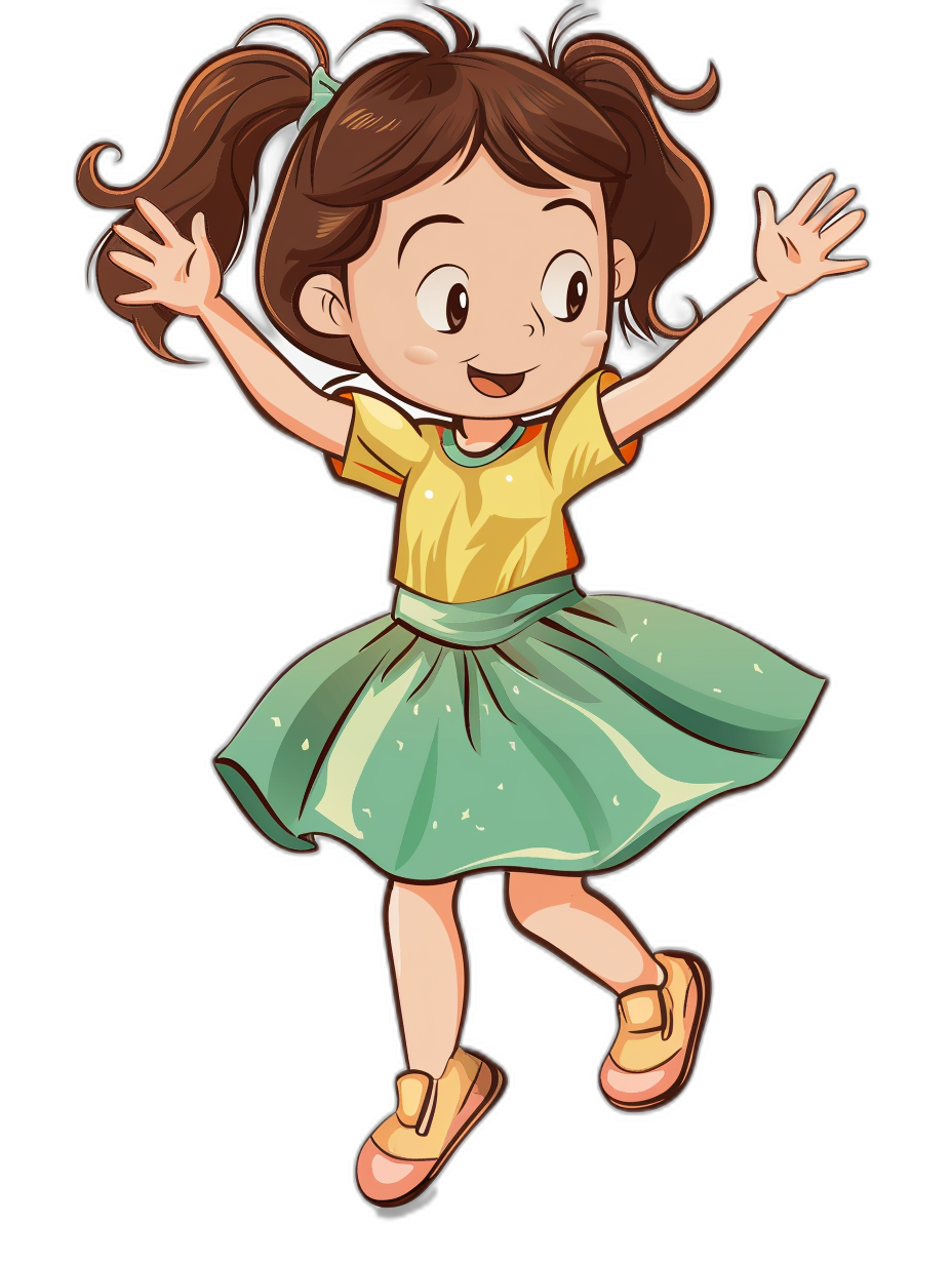 A cute little girl wearing a skirt is jumping up with a happy expression in a simple vector illustration with a black background and flat design style. She has brown hair in pigtails and wears a yellow short-sleeved t-shirt underneath a green dress with long sleeves. Her shoes match the color of her shirt and she smiles joyfully while waving her hands. The overall atmosphere of the picture feels cheerful and joyful.