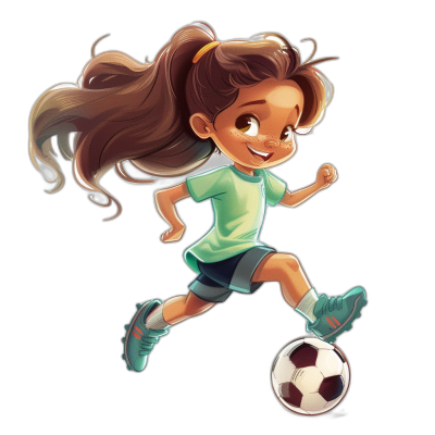 Cute cartoon girl playing soccer, full body shot with long brown hair in ponytail and bangs wearing green t-shirt and blue shorts running after the ball on black background