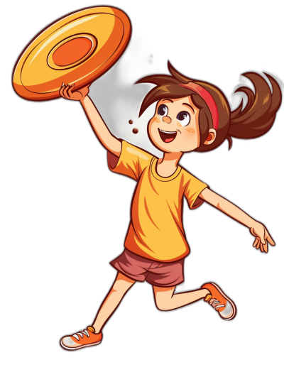 A cartoon girl is playing frisbee in a vector illustration style with a black background. She has brown hair and wears an orange T-shirt and red shorts. The yellow Frisbees glow in the air as she jumps up to catch them. Her face shows joy and excitement, with a focus on facial expressions.