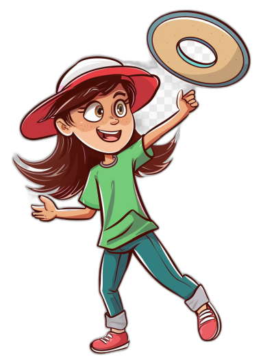 A cartoon girl with brown hair and a green shirt, red shoes throwing a frisbee on a black background, wearing a white hat. Vectorized style illustration with outline only. Full body shot. She is smiling at the camera in the style of an illustration.