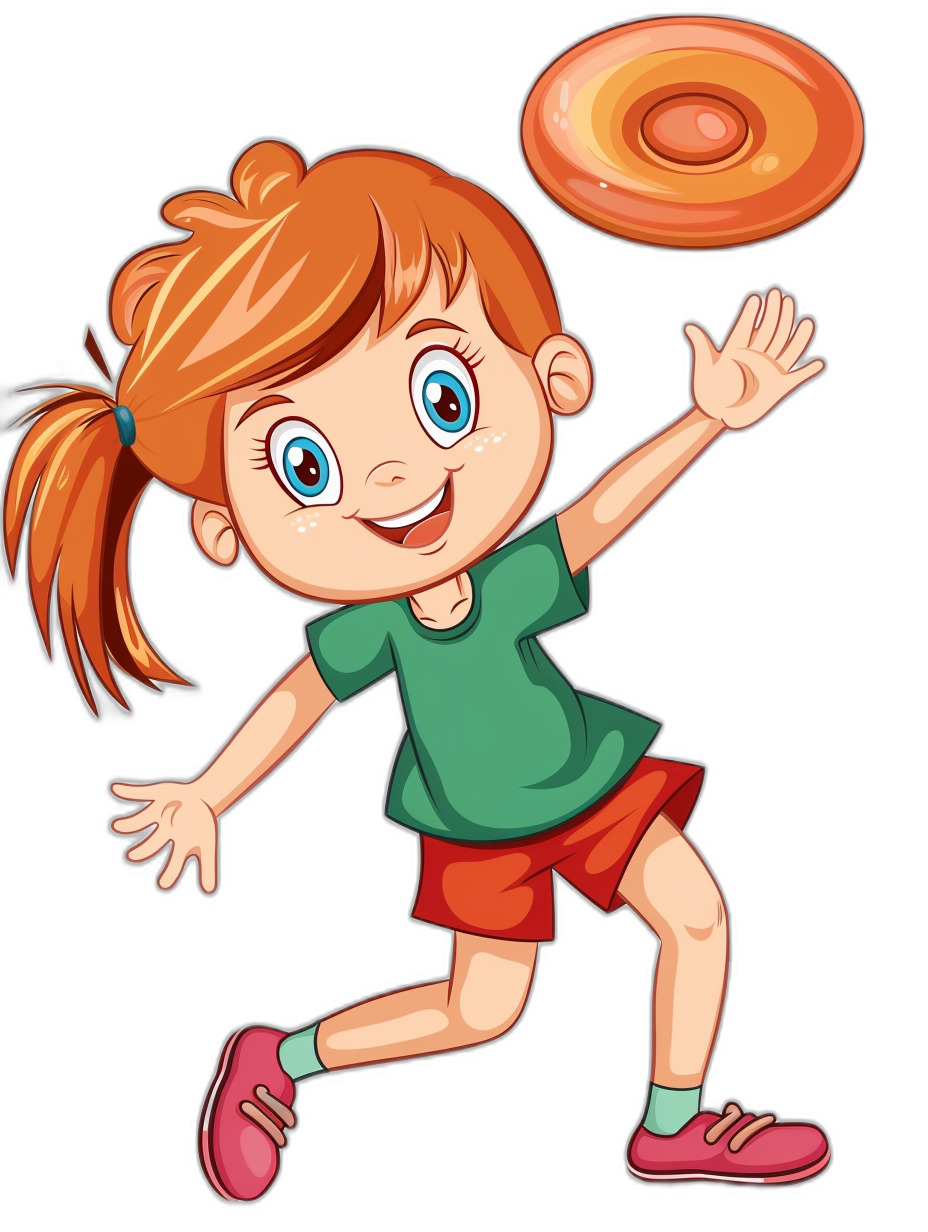 A cute cartoon girl playing frisbee in the style of a vector illustration on a black background.