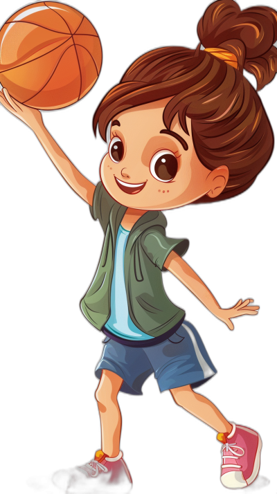 A cute cartoon girl is playing basketball, wearing sports  and sneakers on her feet, smiling happily with one hand raised to throw the ball into play. She has brown hair in pigtails and big eyes. The illustration is in a flat style with a black background and depicts a full body portrait of high definition and high resolution, in the style of a cartoon.