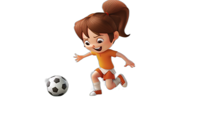 A little girl is playing football in a cartoon style with a black background and cute character design in the cartoon rendering 3D animation. She has brown hair in pigtails and wears an orange t-shirt with white shorts underneath, while the ball flies towards her foot. The perspective creates an atmosphere full of vitality and joy in the style of Pixar's.