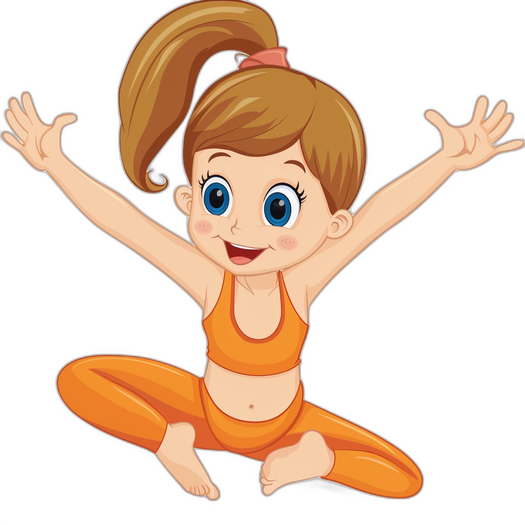 cartoon of a happy little girl doing yoga, vector illustration on a black background, wearing an orange fitness outfit and with big blue eyes and a smiley face, in the style of big blue eyes with smiley face