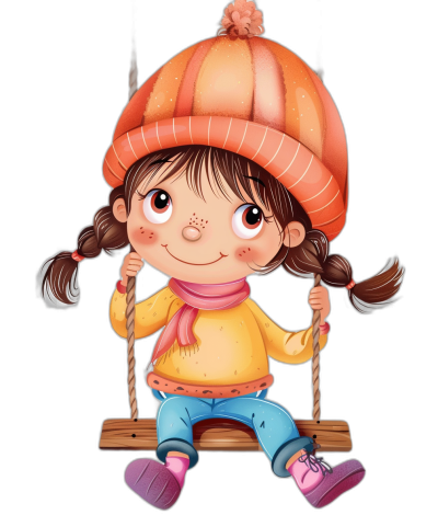 Cute girl cartoon character in an orange hat with pigtails sitting on a wooden swing against an isolated black background, in the style of a doodle, png transparent format.