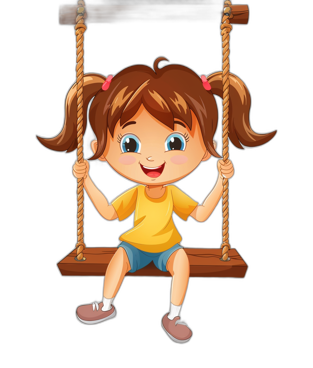 A cute cartoon girl sitting on the swing, simple flat style illustration with a black background, simple lines and bright colors. She has brown hair in pigtails, blue eyes, wears a yellow short-sleeved t-shirt and dark shorts, is smiling happily and holding onto both sides of her wooden seat. The long rope hanging from above shines brightly, giving off an atmosphere full of childlike fun. in the style of