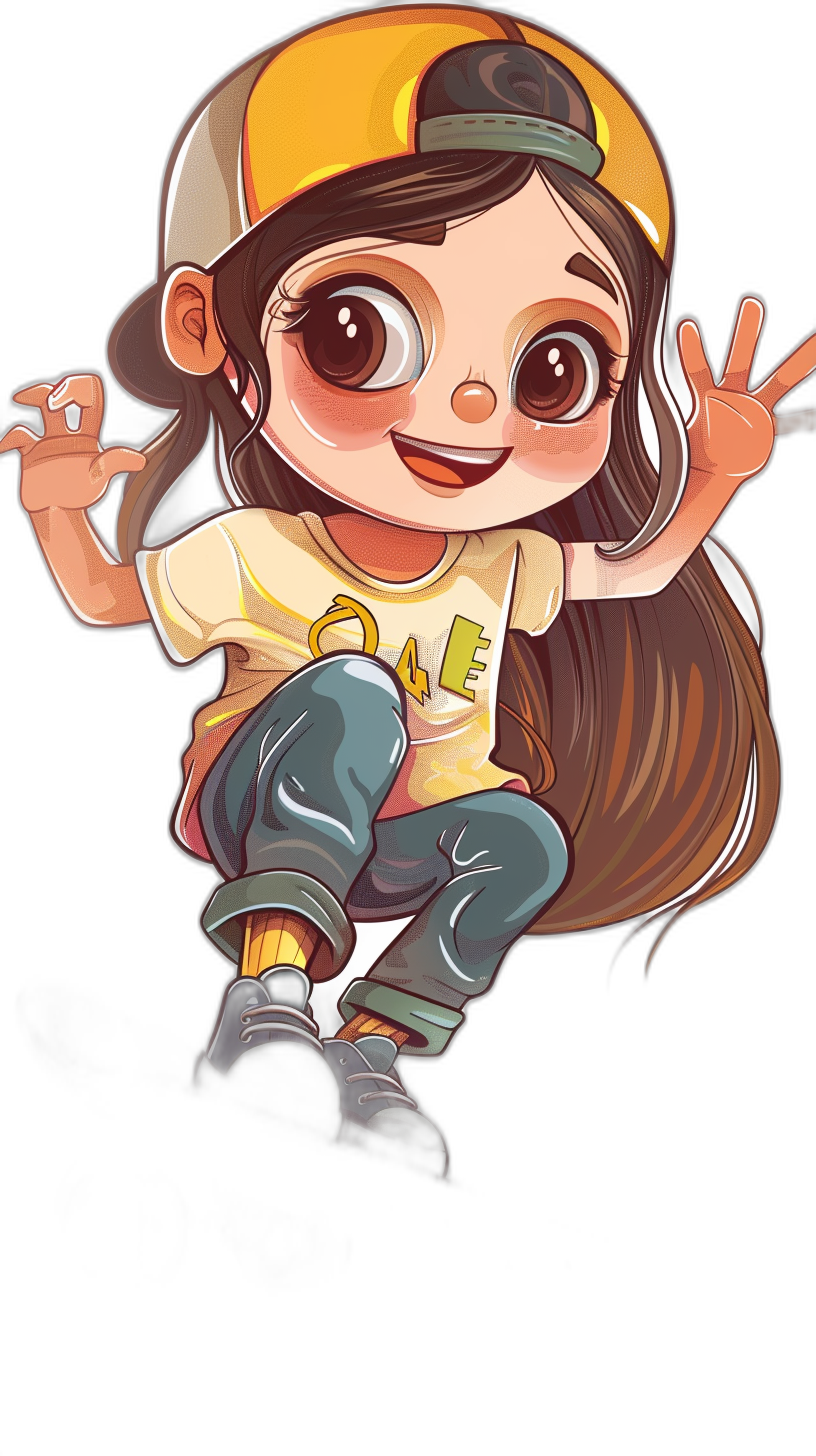 chibi style, cute girl with brown hair and big eyes wearing a baseball cap doing a peace sign in the air on a black background. She is dressed like a skateboarder, with a yellow shirt, white pants, and blue sneakers. The artwork is in the style of a skateboarder.