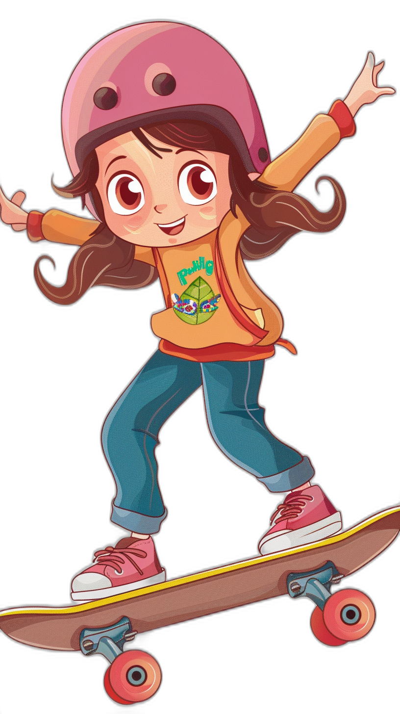 A cartoon girl with brown hair, wearing a pink helmet and blue jeans is skateboarding down the street. She has big eyes, a happy expression, and is depicted in a full body portrait with a solid black background, simple lines, bright colors, and high-definition details in her . The artwork is in the style of a cartoon.