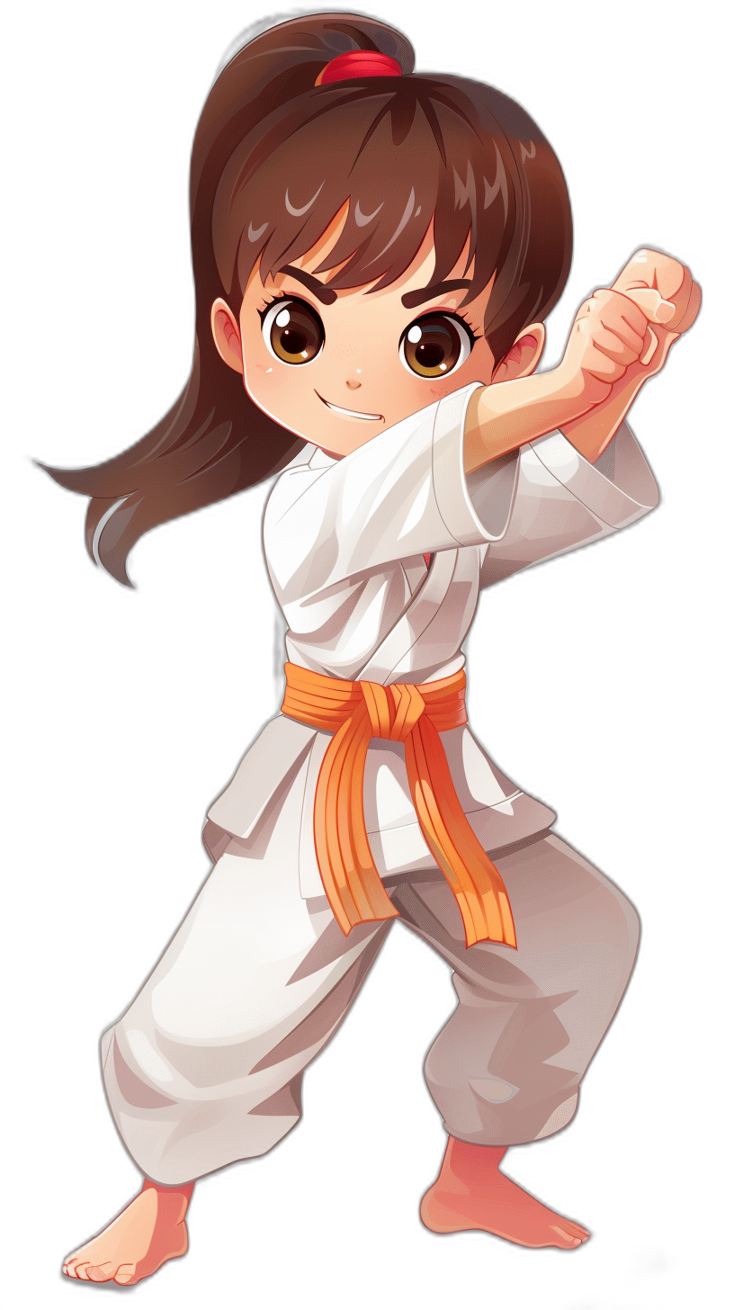 cartoon girl doing karate, chibi style, cute expression on her face, full body shot, black background, white jiu jeti outfit with an orange belt, brown hair in a ponytail, in the style of an unnamed artist.