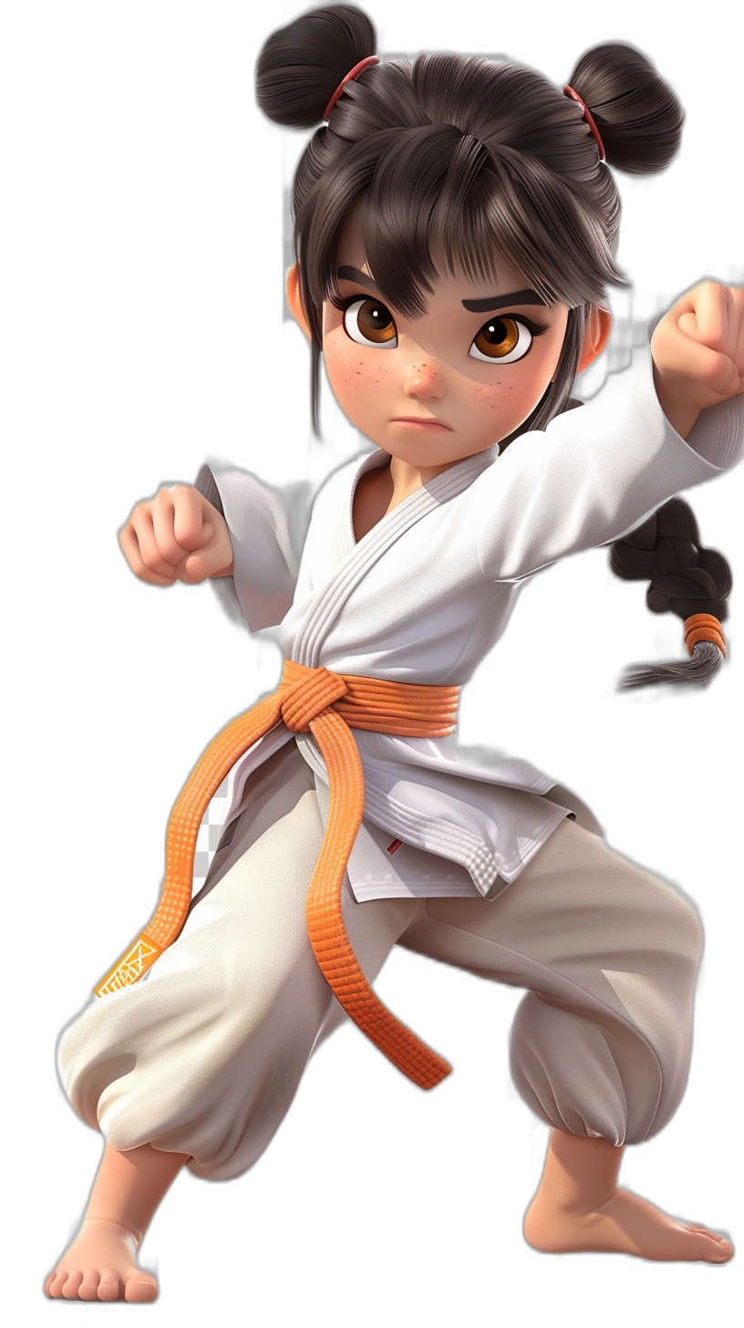 An extremely cute Japanese girl character in the style of Pixar, wearing a white karate outfit with an orange belt and ready in a fighting pose. Black background. The focus is on her eyes, which have bright brown colors. Her hair should be short and black, styled into two pigtails that are slicked back at one side. She has small ears. A full body shot.