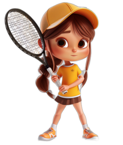 A cute little girl tennis player, in the style of Pixar animation with brown hair and big eyes wearing an orange cap holding her racket ready to play, on a black background, 3D cartoon style character design sheet, character concept art.