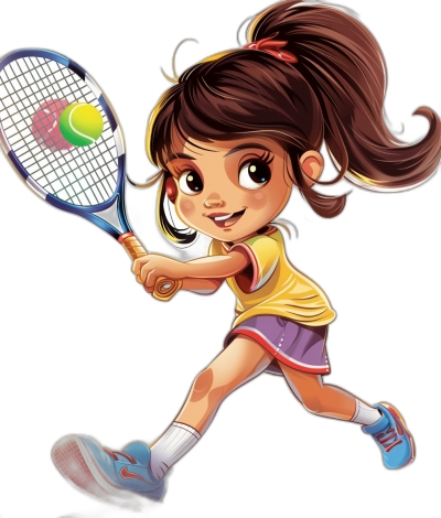 A young girl playing tennis in a cartoon style vector illustration against a black background. She has brown hair in pigtails and is wearing a yellow t-shirt, purple shorts, blue shoes, and a red headband with white socks. She is holding a racket and hitting a ball in the style of a cartoon character playing the game of tennis in a close-up detailed scene.