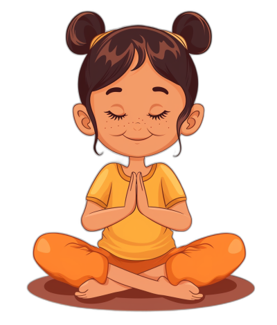 Cute little girl doing yoga in a simple flat vector illustration with a black background in the style of a cartoon. It is a full body portrait of her from the front view with her hands folded in prayer as she sits on the floor. There is no shadow behind her as she wears a yellow shirt and orange pants with short brown pigtails and closed eyes while smiling.