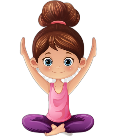 Cute cartoon girl doing yoga on a black background in a simple clip art style. She wears pink and purple  with brown hair in a bun with bangs and big blue eyes. She smiles with her hands up high above her head in the style of big blue eyes.