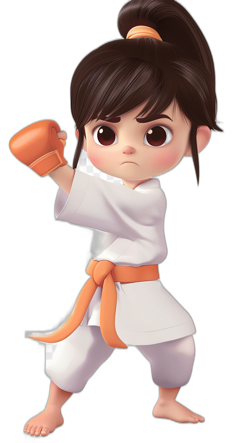 A cute little girl with dark brown hair in an Asian white karate outfit, doing a kumite stance. She has big eyes and is wearing an orange belt. The background of the illustration should be black to highlight her features. A Pixar style cartoon character design. High resolution.