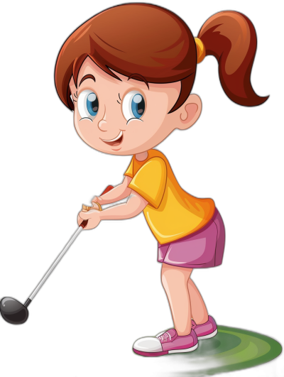 A cute young girl playing golf in the style of clip art style cartoon, isolated on a black background.