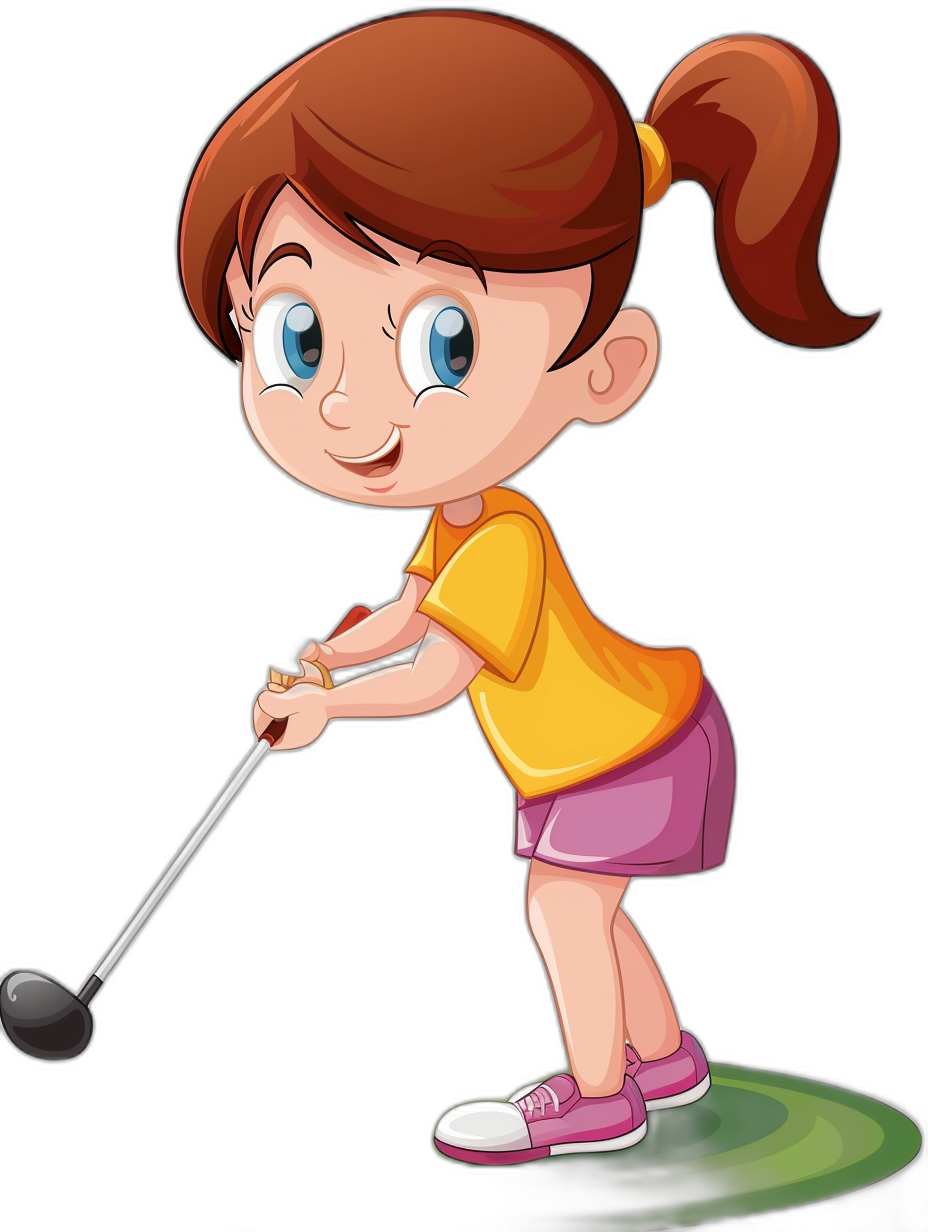 A cute young girl playing golf in the style of clip art style cartoon, isolated on a black background.