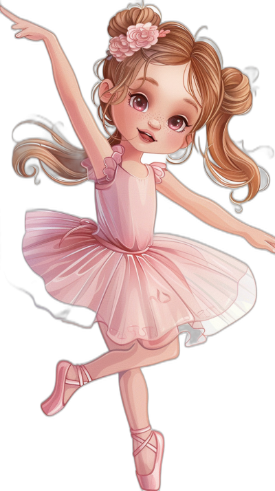 Cute little girl in pink ballet dress, doing ballerina dance pose, smiling face, brown hair with buns and flowers on head, black background, chibi style, digital art by [Artgerm](https://goo.gl/search?artist%20Artgerm), Disney Pixar cartoonist, cute adorable face, 3D rendering, hyper realistic, full body, legs and shoes, pink pointe tutu skirt, detailed eyes and mouth, smiling, cartoon character design, high resolution, high quality, high detail, professional vector graphics