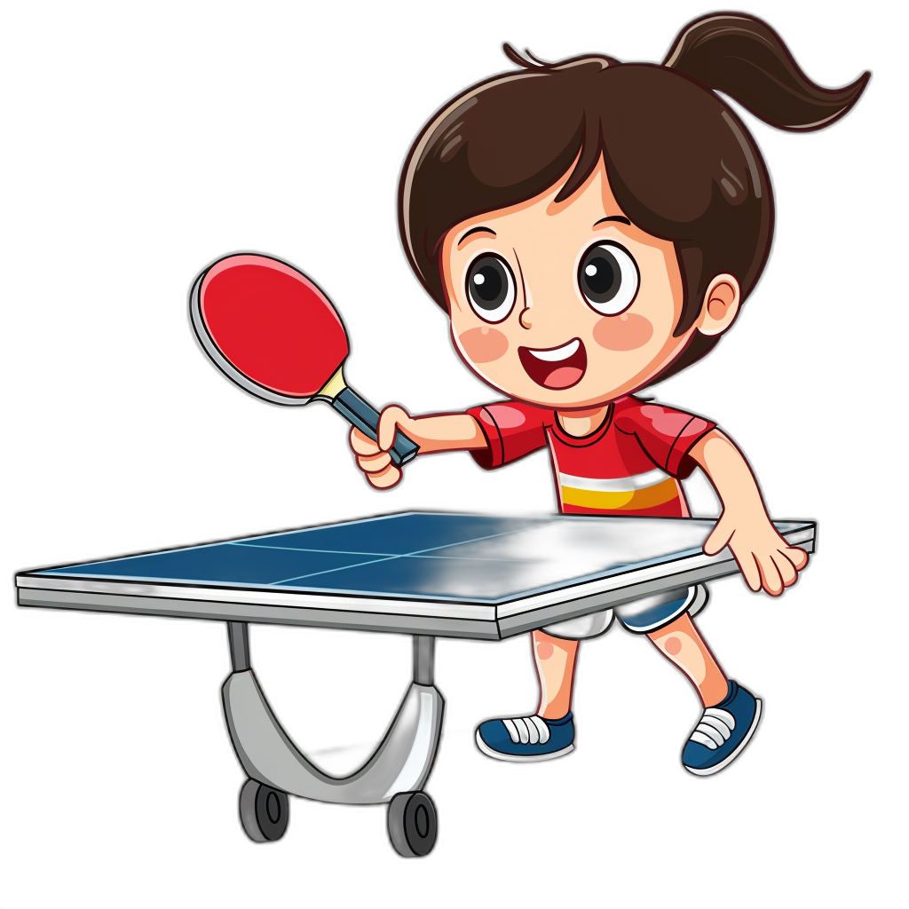 A cute girl playing table tennis in a cartoon vector illustration with a black background.