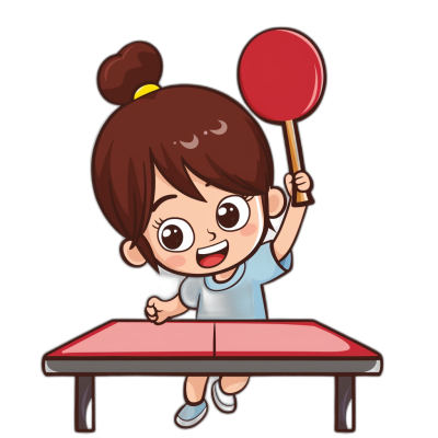 Cartoon style, vector illustration of a cute girl playing table tennis with a red paddle on a black background. Isolated object for logo design, print, or t-shirt design. Illustrated in the style of vector art.