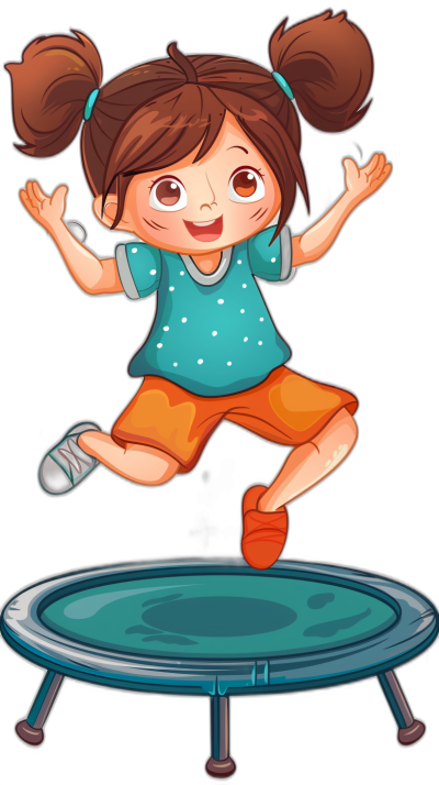 A cartoon girl jumping on the trampoline in a vector illustration style, simple and cute, with a black background color. She has brown hair in pigtails wearing an orange short skirt and a blue t-shirt. The entire body is visible from head to toe. Her hands were hanging down by her side, and she was smiling happily.