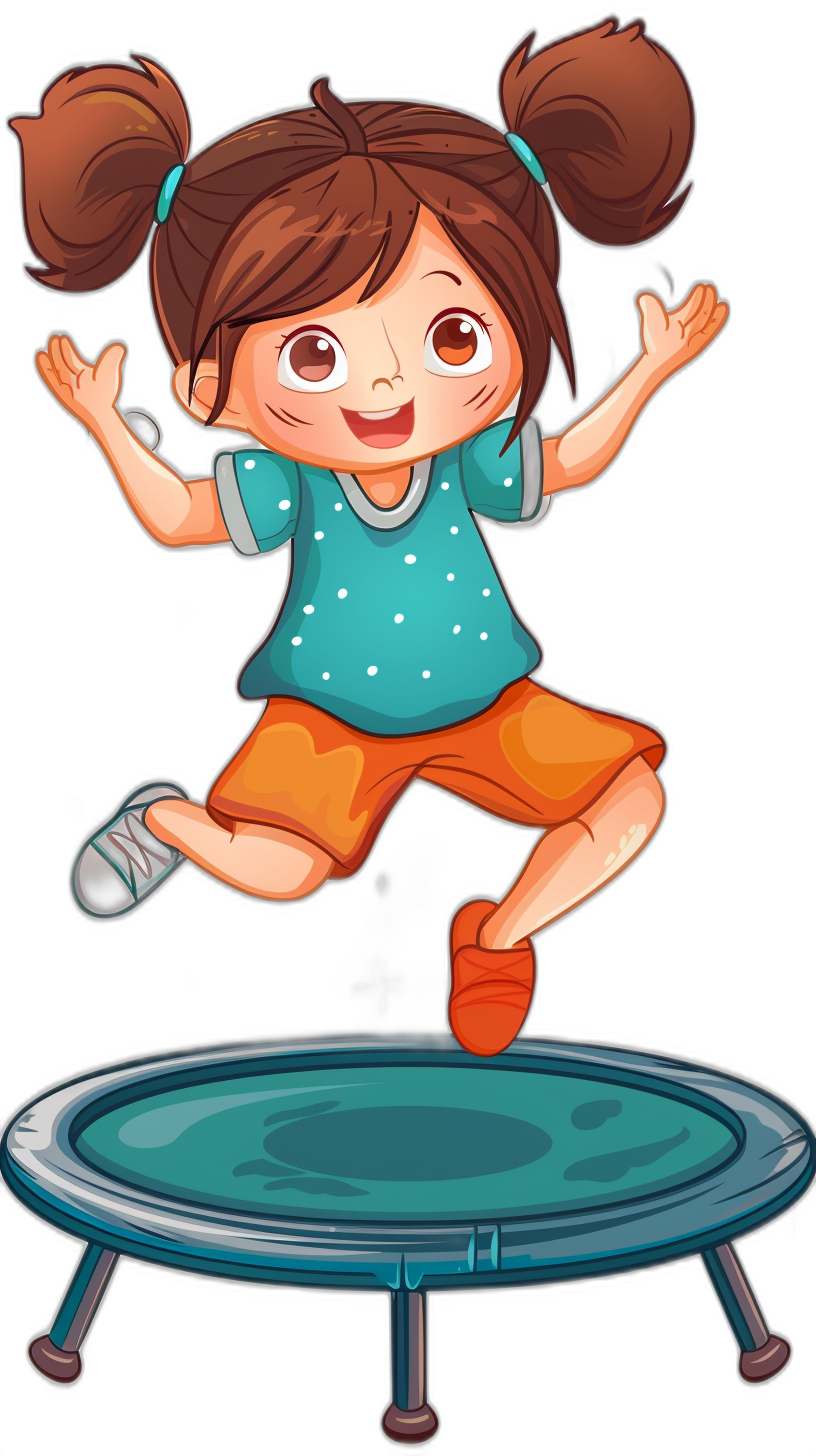 A cartoon girl jumping on the trampoline in a vector illustration style, simple and cute, with a black background color. She has brown hair in pigtails wearing an orange short skirt and a blue t-shirt. The entire body is visible from head to toe. Her hands were hanging down by her side, and she was smiling happily.