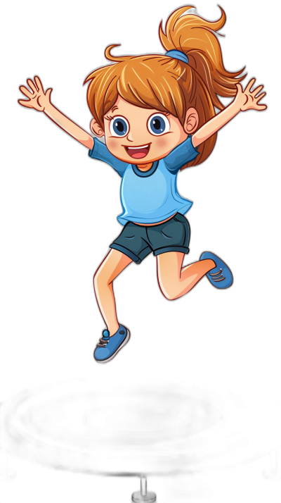 A cartoon-style illustration of an energetic little girl with brown hair, wearing blue shorts and short-sleeved shirt, jumping for joy on black background. She has big eyes and is smiling brightly. The artwork should capture her joyful expression and dynamic pose in high resolution. Focus attention to details such as the texture of skin, facial features,  design, and lighting effects. Emphasize vibrant colors and shading techniques to bring out the character's personality.