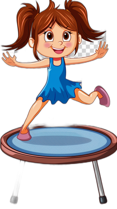 A cartoon girl is jumping on the trampoline, with brown hair and a blue dress, a smiling face, a simple background, in the colorful cartoon style, a sticker design, a black solid color background, a close-up front view, high resolution, no shadow effect.