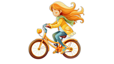 A girl with long blonde hair rides on an orange bicycle in the style of a cartoon, using vector graphics with simple shapes and a flat design on a black background with cute and cheerful colors. It is a full body portrait of the character in high resolution, high quality, high detail, and high definition with high contrast and sharpness. The illustration is in a style using high resolution, high dynamic range, and illustration techniques. A girl rides a yellow bike on a white isolated background in a vector concept art style. The character design is in the style of a cartoon with a black background.