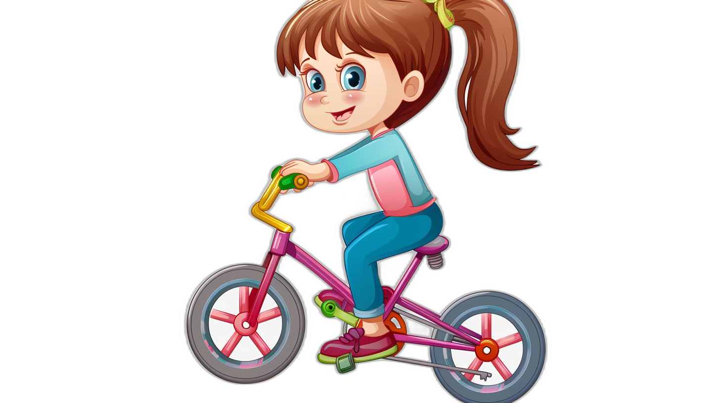 cartoon girl riding bike, in a simple cartoon style, clip art for kids, simple illustration, flat design, colorful, cute and adorable, simple black background, high resolution vector, contouring, high quality, high detail, high definition, high resolution, high sharpness, high contrast, high color saturation, high color vibrancy, high dynamic range, high visual impact