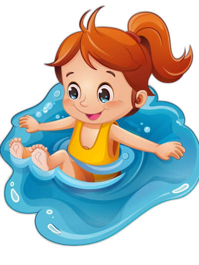 A cute little girl is swimming in the pool in a cartoon vector illustration with a black background. The high resolution image has no text or letters. The simple design has high detail with no shadows, text, or words. The cute baby has brown hair in a pony tail style and wears a yellow top with a blue water ring around her feet. She has a happy face as water droplets fly around. It is a high quality vector art without a blur effect or realistic photo details. There is no text, only a white border with no shadow at the bottom of the picture.