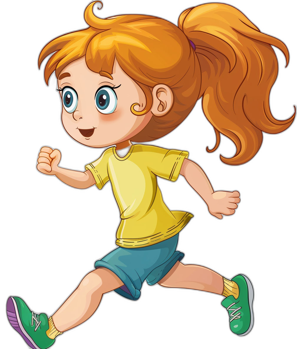 A cute cartoon girl is running, with a yellow t-shirt and blue shorts. She has ginger hair in pigtails, big eyes, a smiling mouth and green shoes on her feet. Vector illustration with an isolated black background.