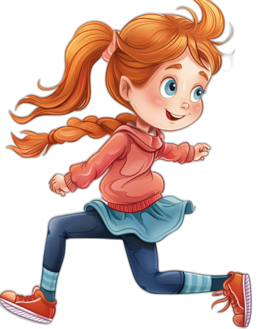 A cute cartoon girl with red hair in pigtails, wearing blue leggings and a pink sweater is running against a black background. The illustration is in the style of a vector clipart.