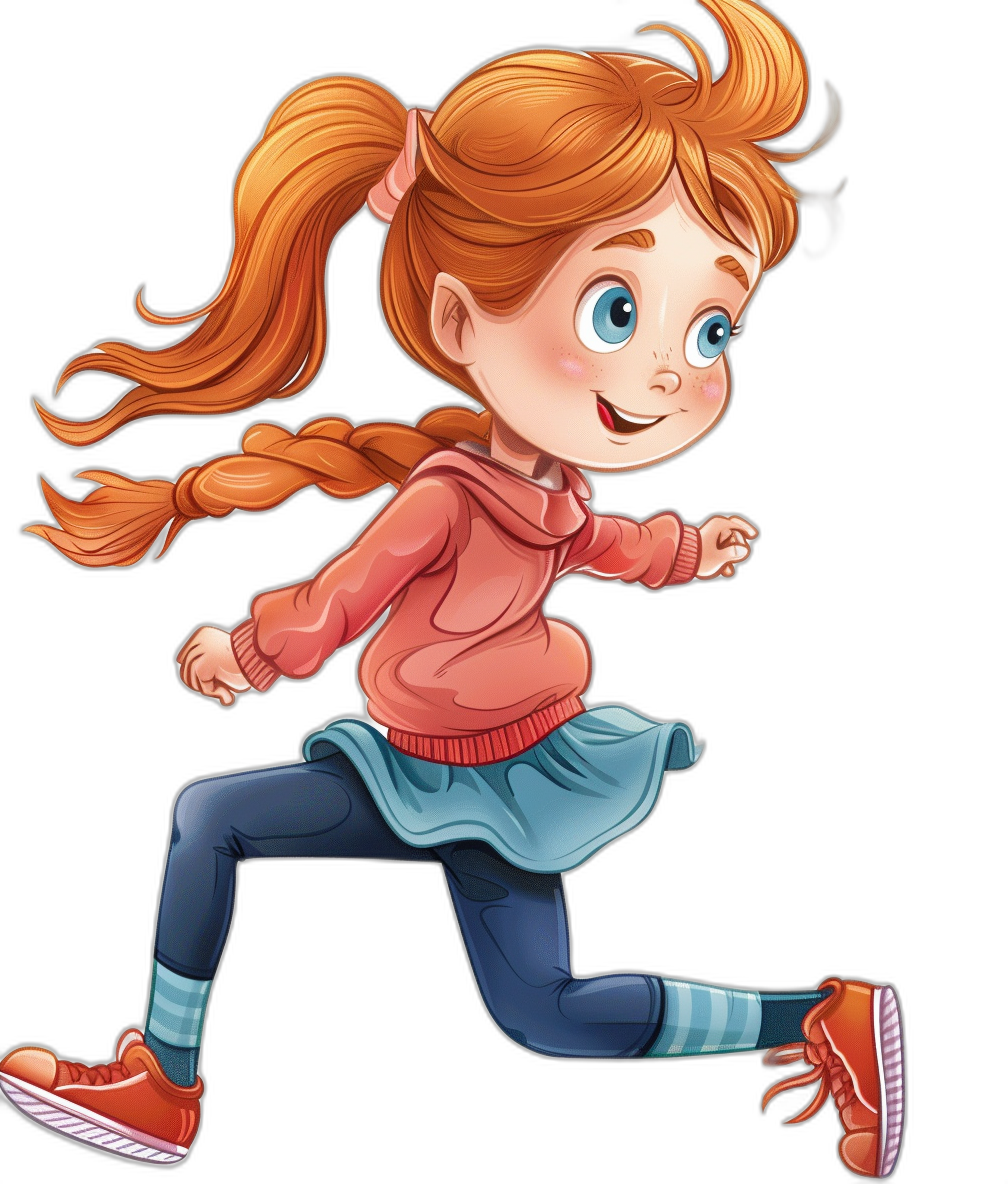 A cute cartoon girl with red hair in pigtails, wearing blue leggings and a pink sweater is running against a black background. The illustration is in the style of a vector clipart.