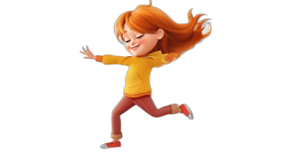 A cute girl with red hair, wearing a yellow hoodie and dark pink pants is jumping up happily in the style of Pixar. Full body portrait, black background. She has long wavy hair that glows orange. The character should have bright colors and be dressed as an adult woman. Her shoes are white sneakers.