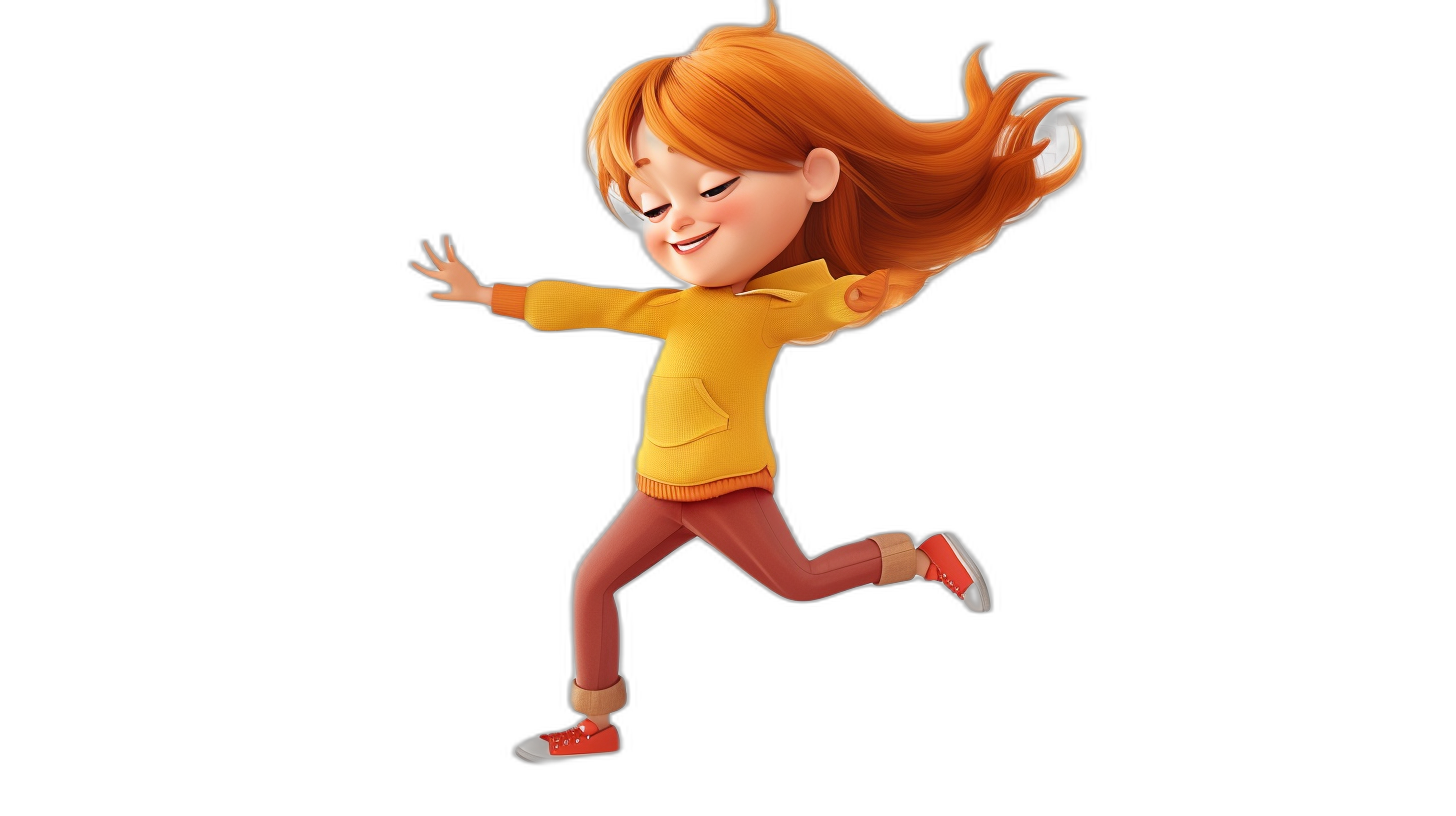 A cute girl with red hair, wearing a yellow hoodie and dark pink pants is jumping up happily in the style of Pixar. Full body portrait, black background. She has long wavy hair that glows orange. The character should have bright colors and be dressed as an adult woman. Her shoes are white sneakers.