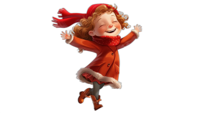 A cute smiling girl in a red coat and scarf jumping in the style of Pixar, black background, high resolution