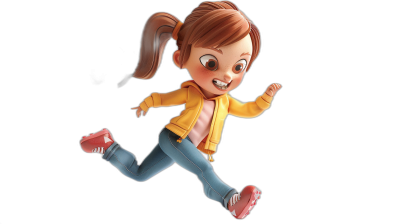 A cute little girl in the style of Pixar, jumping with her legs together, brown hair in a ponytail hairstyle, wearing a yellow jacket, blue jeans, and pink shoes, isolated on a black background, as a full body portrait, with a detailed character design in the Pixar animation style, at a high resolution, rendered with octane, captured with a wide angle lens, and cinematic lighting with bright colors creating a cheerful mood.