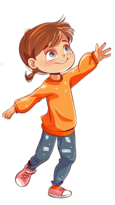 A cute little boy is dancing, wearing an orange sweater and blue jeans with pink shoes on his feet. He has short brown hair, big eyes, smiling face, simple black background, flat illustration style, vector illustration, full body portrait, in the style of Disney Pixar animation, bold colors, high resolution. The girl's hand was raised to make the gesture of jumping up. She looked happy in her smile, in  that fit well into modern children’s , in the style of childrens book illustration.