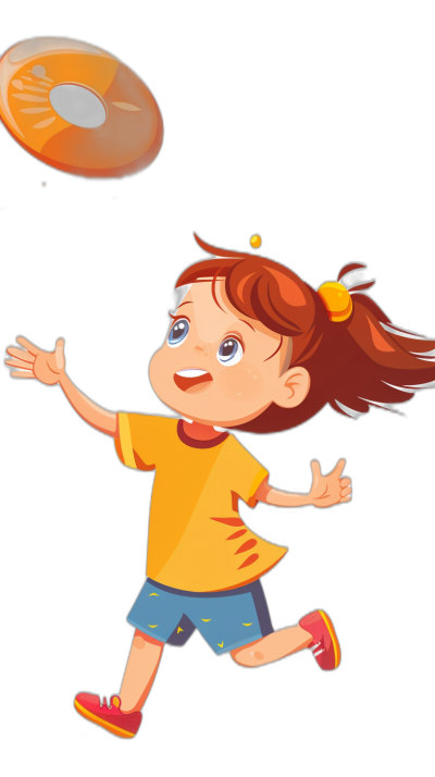 Cute cartoon girl playing frisbee, vector illustration style, solid color background, black background, simple lines, bright colors, high saturation, in the style of a cartoon or children's book. The cheerful atmosphere would suit children aged five to seven years old. The character is dressed casually with blue shorts and a yellow T-shirt. She has brown hair tied into pigtails, big eyes, and is smiling happily as she throws the frisbee flying forward.