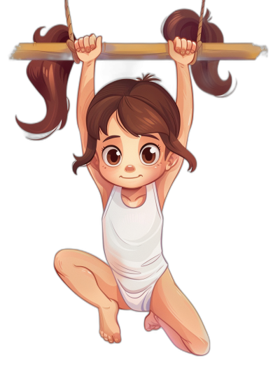 A little girl with brown hair and big eyes is hanging on the horizontal bar, wearing white short sleeves and shorts, cute cartoon style, simple lines, black background, high definition