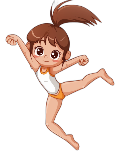 A cute little girl is practicing martial arts in the style of a cartoon, with simple lines and vector graphics on a black background. It is a full body portrait of the girl jumping, wearing white and orange short sleeves with her brown hair in pigtails. The overall color scheme of the illustration should use bright colors. It should be high resolution and high quality.