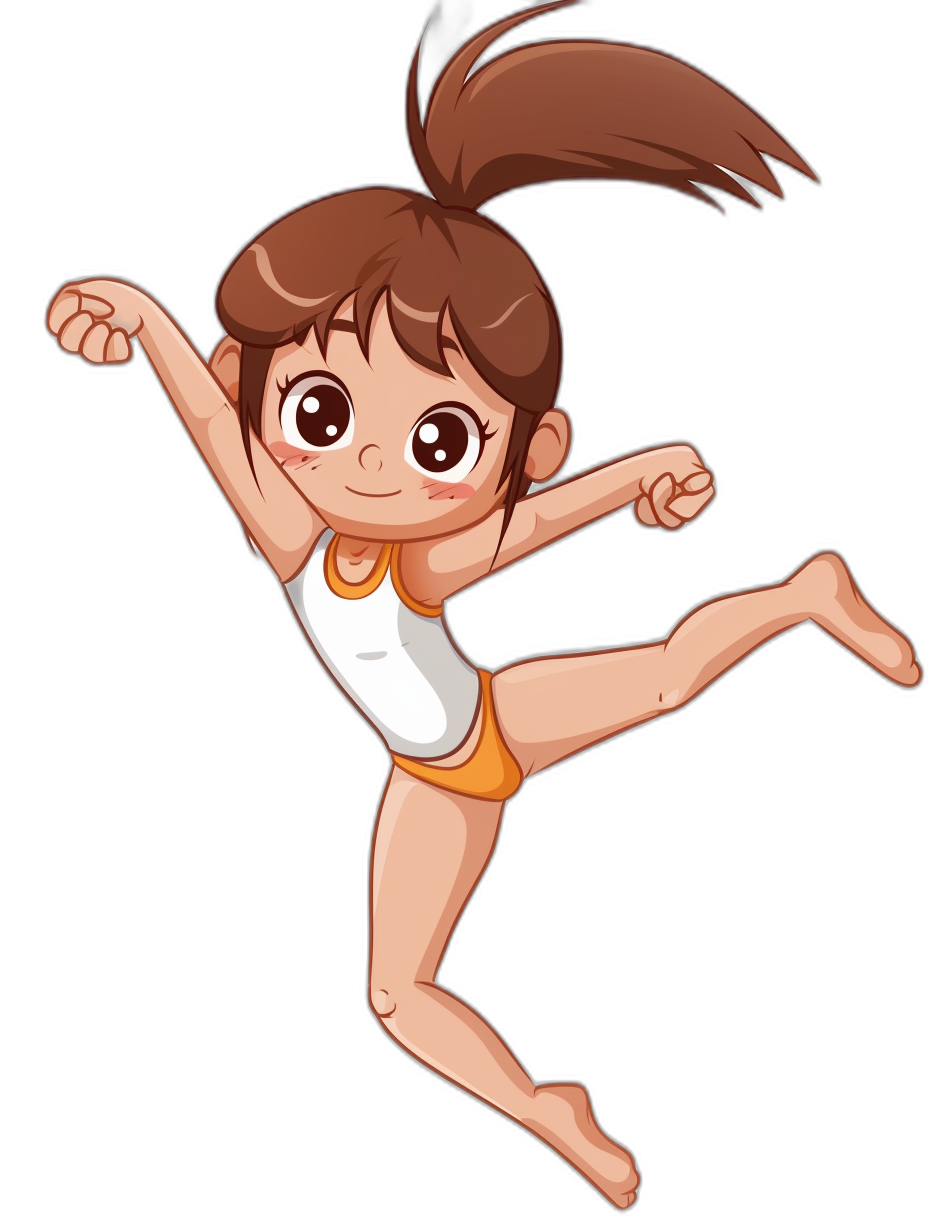 A cute little girl is practicing martial arts in the style of a cartoon, with simple lines and vector graphics on a black background. It is a full body portrait of the girl jumping, wearing white and orange short sleeves with her brown hair in pigtails. The overall color scheme of the illustration should use bright colors. It should be high resolution and high quality.