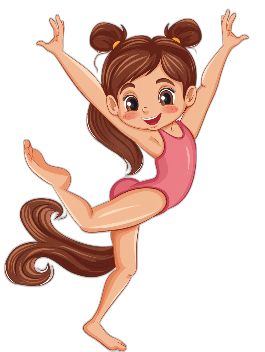 A cartoon girl gymnast is doing her best, clip art style with solid black background, simple lines, flat illustration, full body portrait, cute and happy expression, brown hair in pigtails wearing pink leotards, cartoon character design, full-length, simple colors, simple details, high resolution, high quality