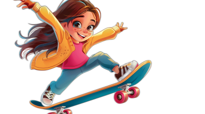 A cartoon girl is riding on her skateboard, Disney style, black background, full body portrait, cartoon character design with bright colors and happy expressions, wearing jeans and jacket, with pink wheels on the skate board, high resolution