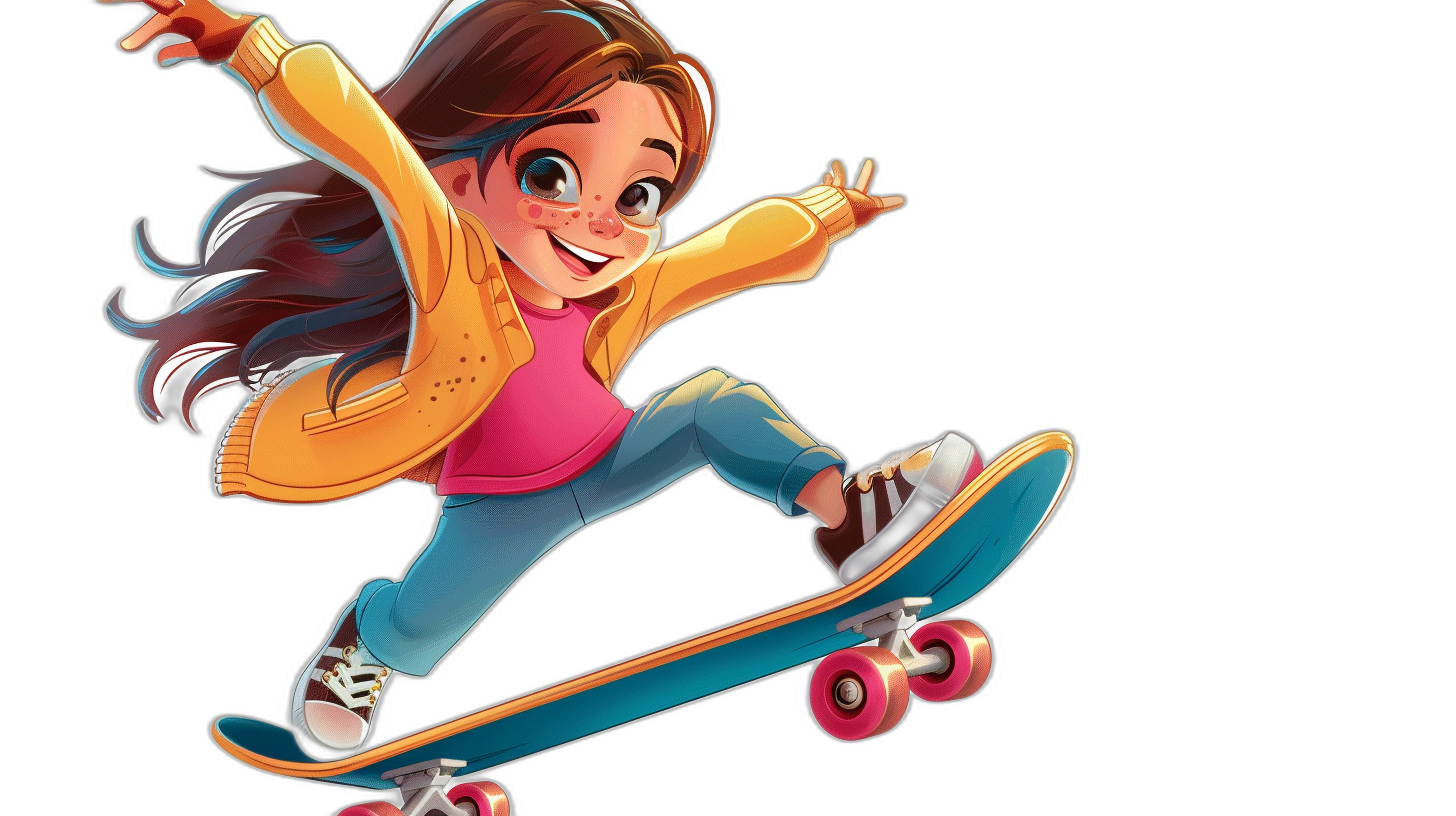 A cartoon girl is riding on her skateboard, Disney style, black background, full body portrait, cartoon character design with bright colors and happy expressions, wearing jeans and jacket, with pink wheels on the skate board, high resolution