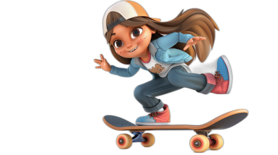 A girl is riding on her skateboard, wearing sneakers and jeans with a blue jacket. She has long brown hair in a ponytail hairstyle and is wearing a white cap. The art style is cartoon-like, with 3D rendering reminiscent of Disney Pixar animation against a black background. It is a full body shot of the girl on the skateboard with high resolution, detail, and quality.