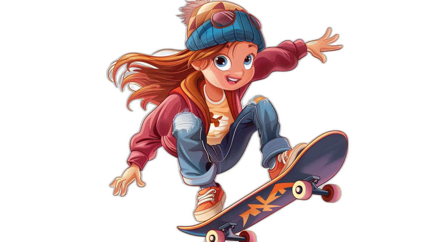 A cartoon girl is skateboarding, wearing jeans and a jacket with a cap on her head. The illustration is in a cartoon style with a black background and a full body portrait. The style is similar to Disney Pixar animation, with colorful , a happy expression, a cute face, bright colors, bright lighting, and lively movements. The image has a cool color scheme with the girl flying on her skateboard.