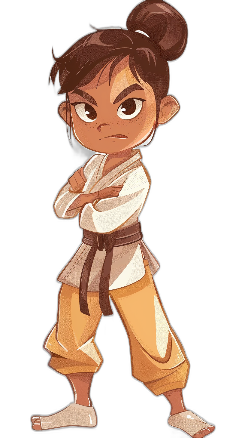 Disney style, chibi character design of a young girl with dark brown skin and hair in a bun wearing a white martial arts gi and tan pants with a black belt ready to fight on a solid background in the style of Disney.