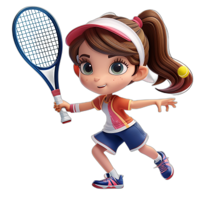 A young girl playing tennis, wearing sportswear and holding a racket in her hand. She has brown hair tied into pigtails with bangs, big eyes, bright pink headband on her forehead, orange jacket, blue shorts, red sneakers. The artwork is in the style of cartoons, with 3D rendering in the style of Disney Pixar, on a black background.